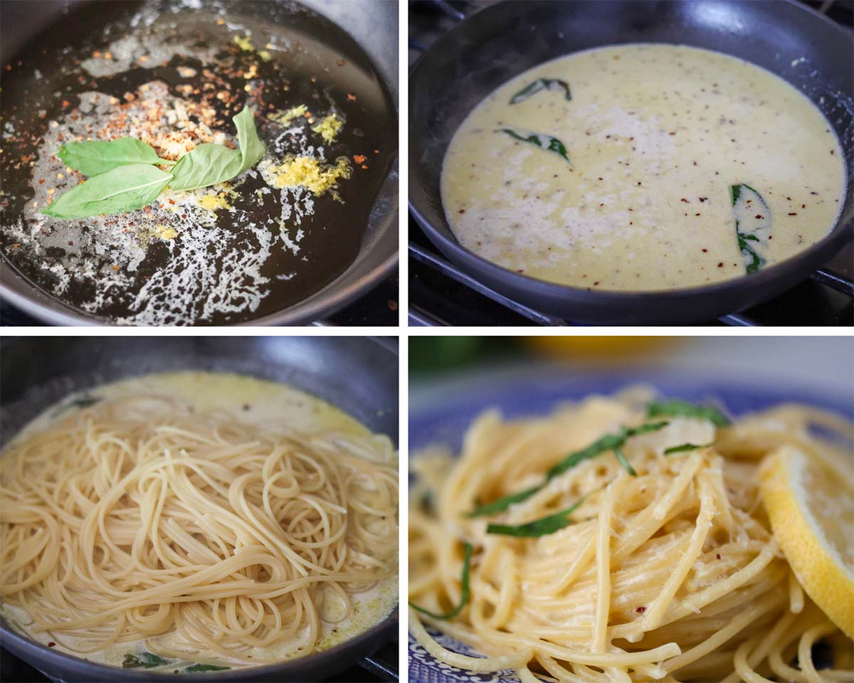 four photo collage showing how to make lemon spaghetti. 