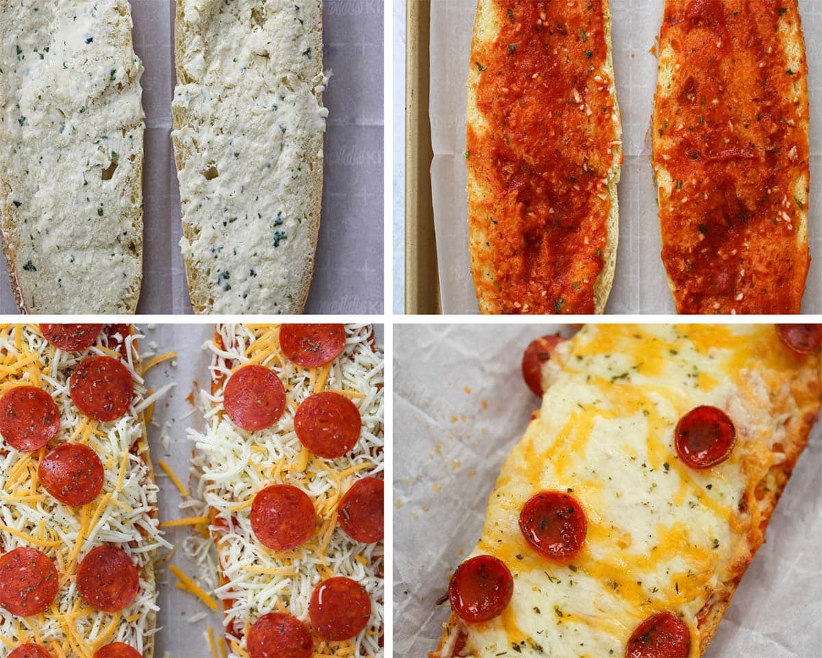 four photo collage showing how to make French bread pizza. 