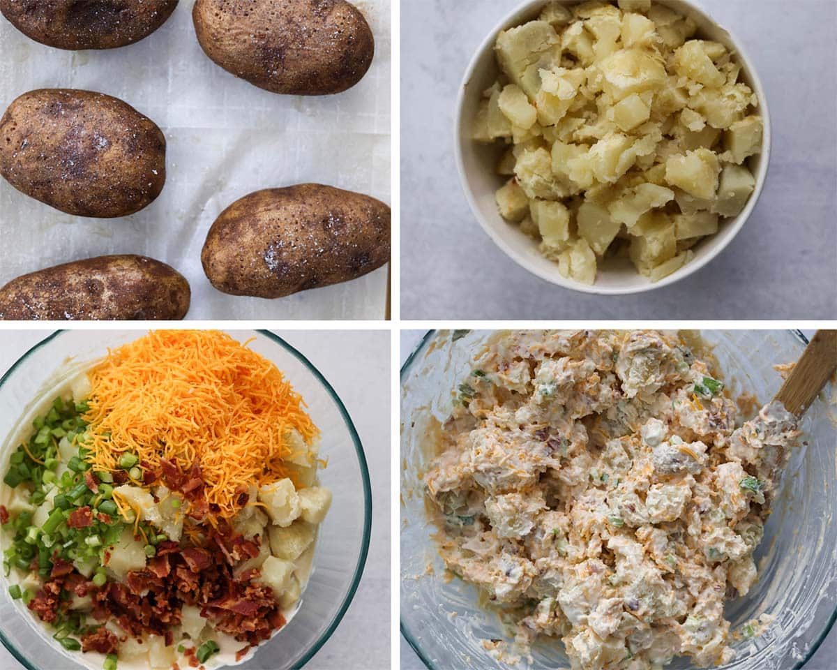 four photo collage showing how to make loaded baked potato salad. 