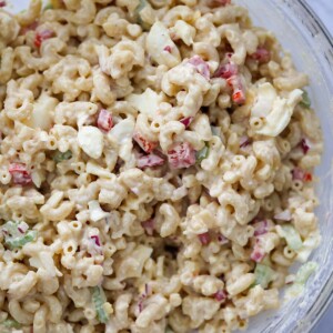 macaroni salad in a large glass bowl.
