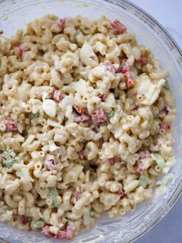 macaroni salad in a large glass bowl.