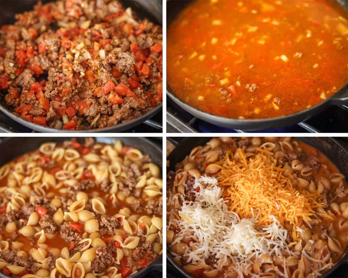 four photo collage showing how to make taco pasta. 