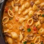 taco pasta in a skillet up close.