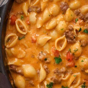 taco pasta in a skillet up close.