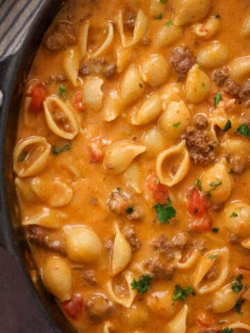 taco pasta in a skillet up close.