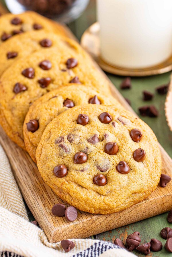 Mrs. Fields copycat chocolate chip cookies on a wooden cutting board.