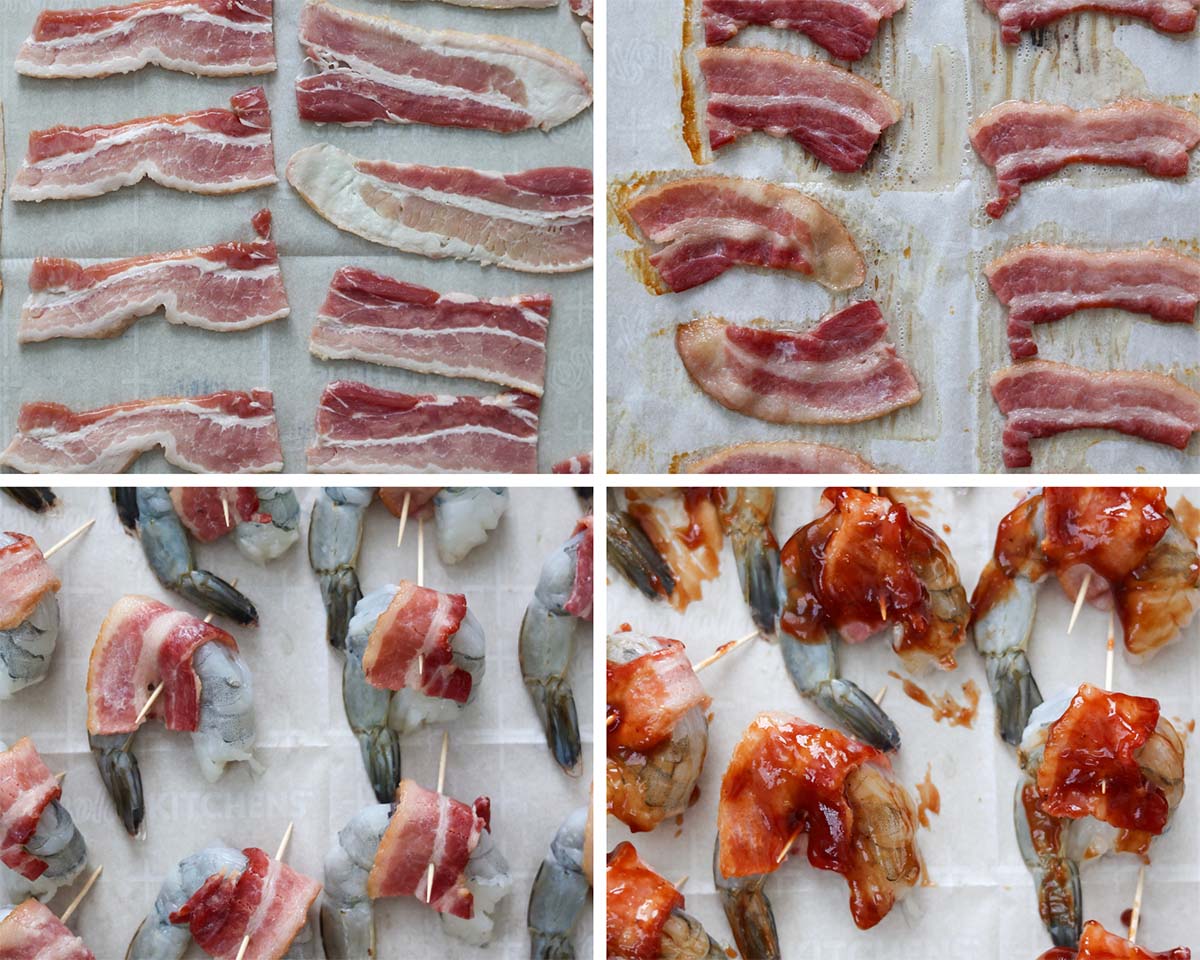 four photo collage showing how to wrap shrimp with bacon and brush with bbq sauce. 