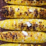 charred corn on the cob up close.