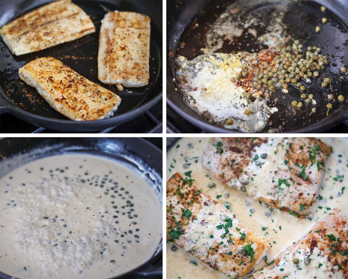 four photo collage showing how to pan sear mahi mahi, saute garlic and capers, and simmer cream sauce. 