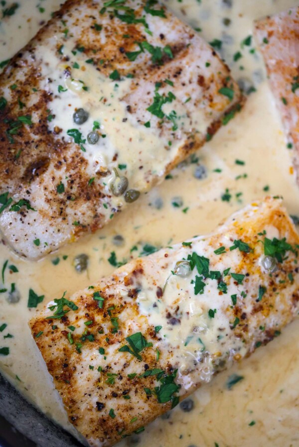 creamy mahi mahi fillets in a skillet.