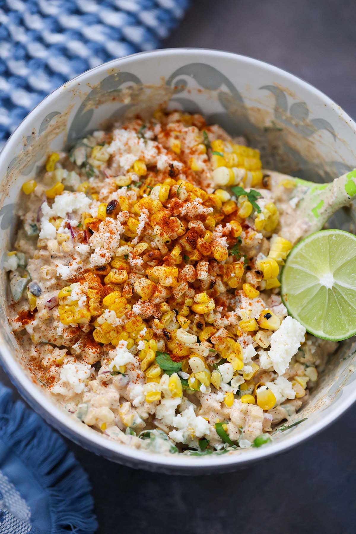 elote corn salad in a bowl. 