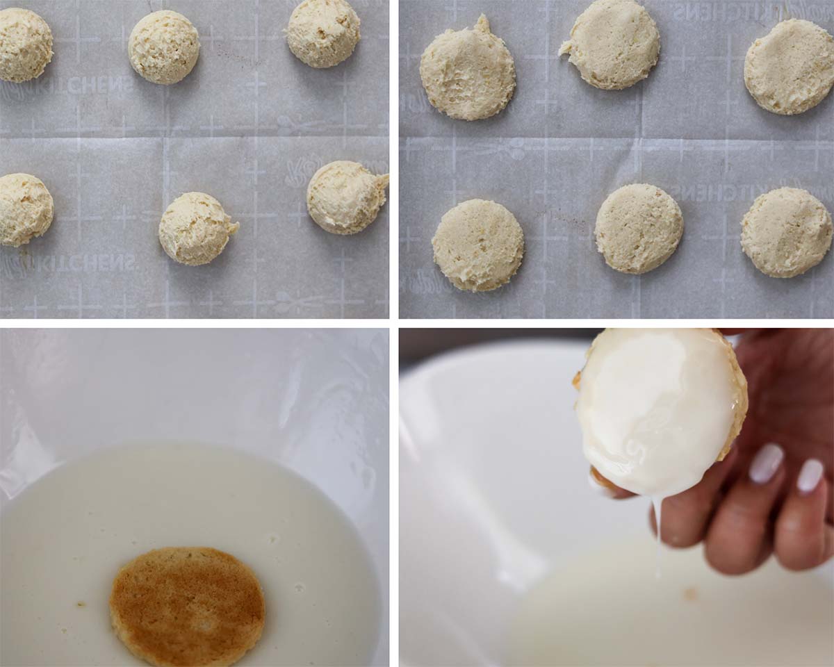 four photos showing how to make and glaze lemon cookies. 