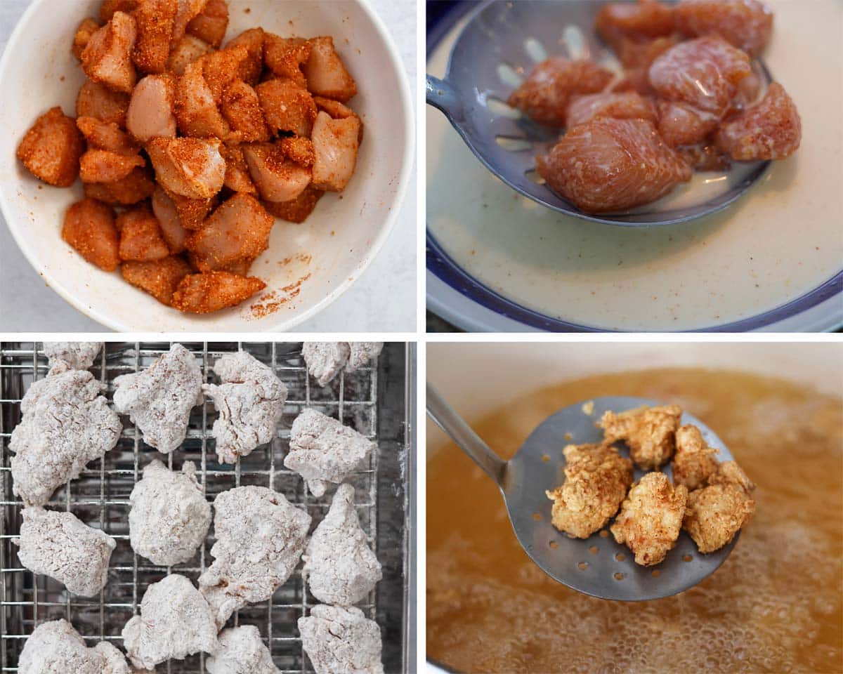 a four step photo collage showing raw chicken chunks coated in spices, coated in milk, coated in flour, and then deep fried. 