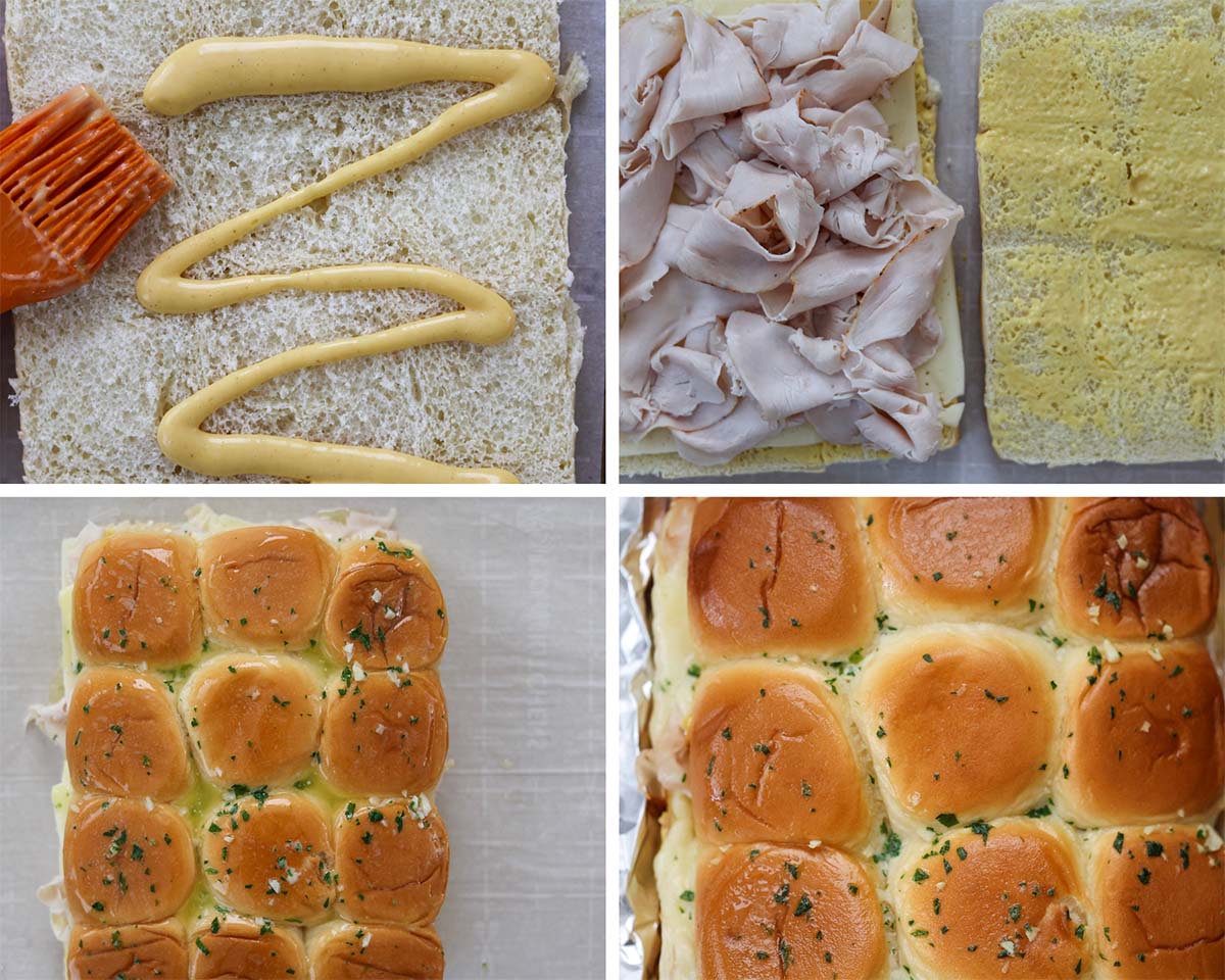 four photo collage showing how to prepare turkey and cheese sliders. 