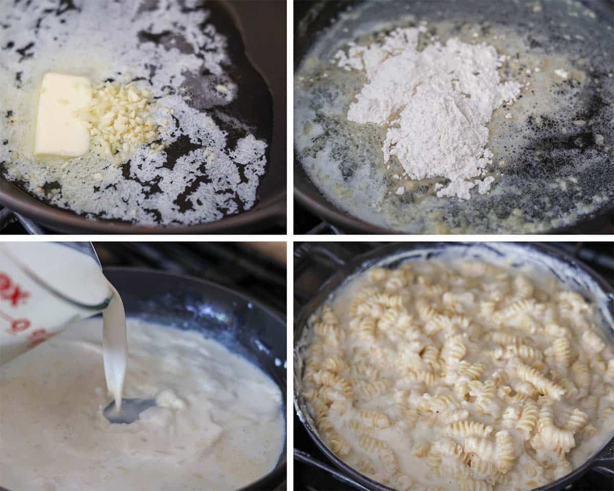four photo collage showing how to make mac and cheese. 