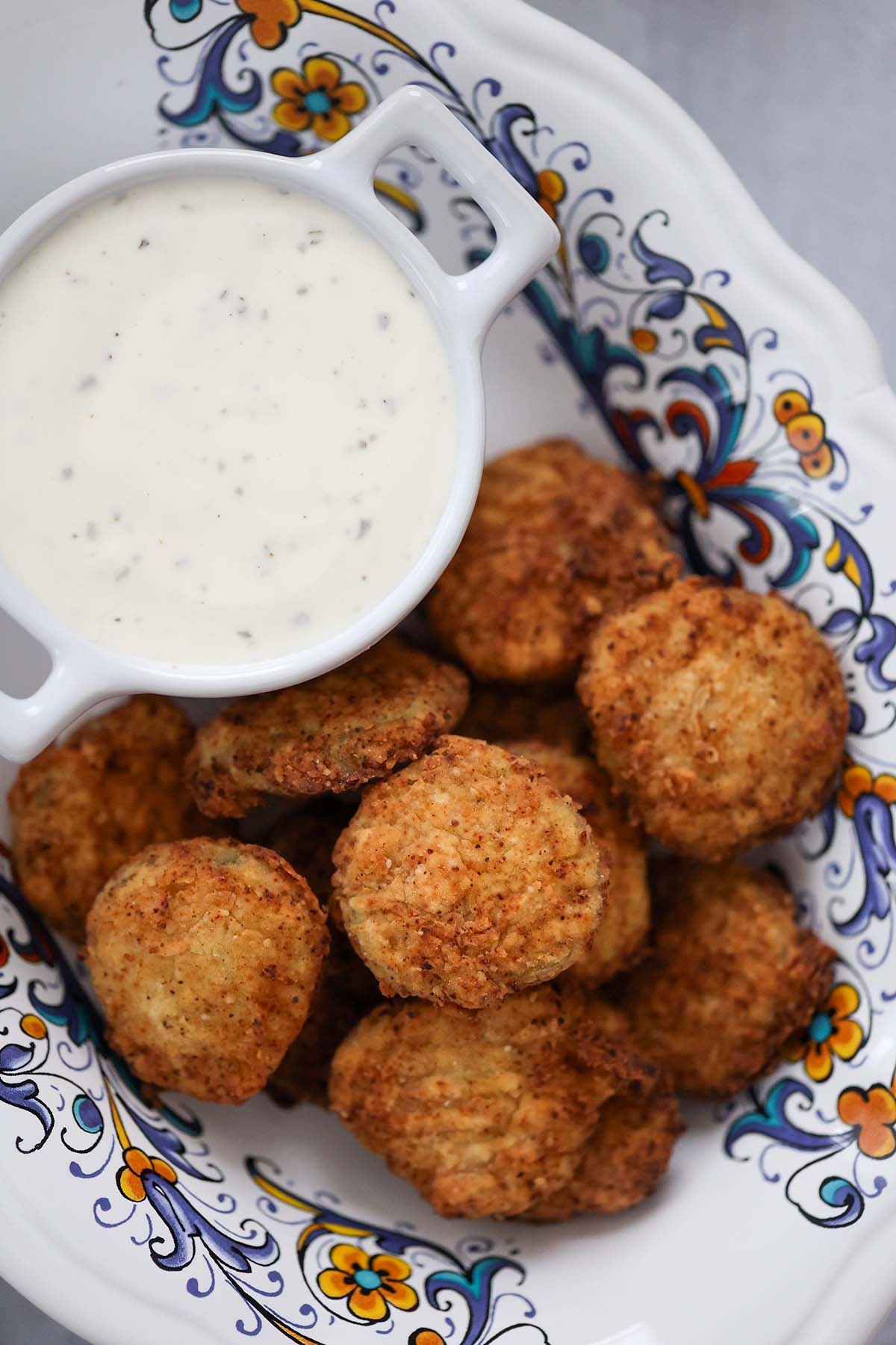 Southern fried pickles with ranch dip on the side. 