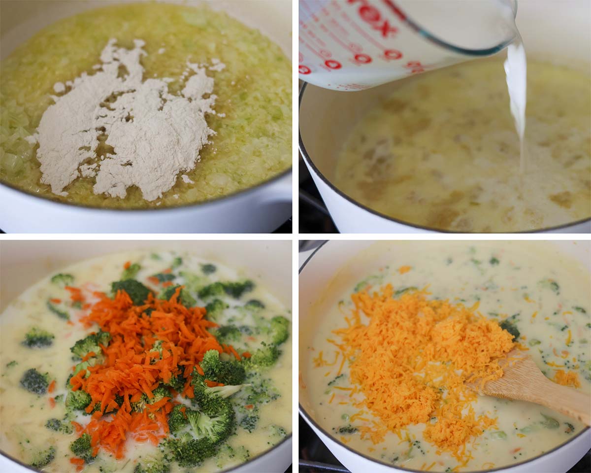 Four photo collage showing how to make broccoli cheese soup. 