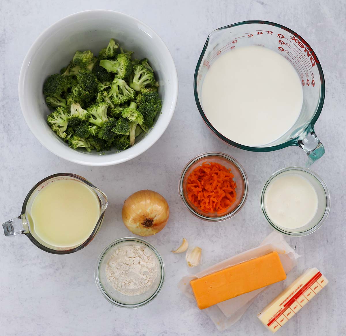 Ingredients for broccoli cheese soup. 