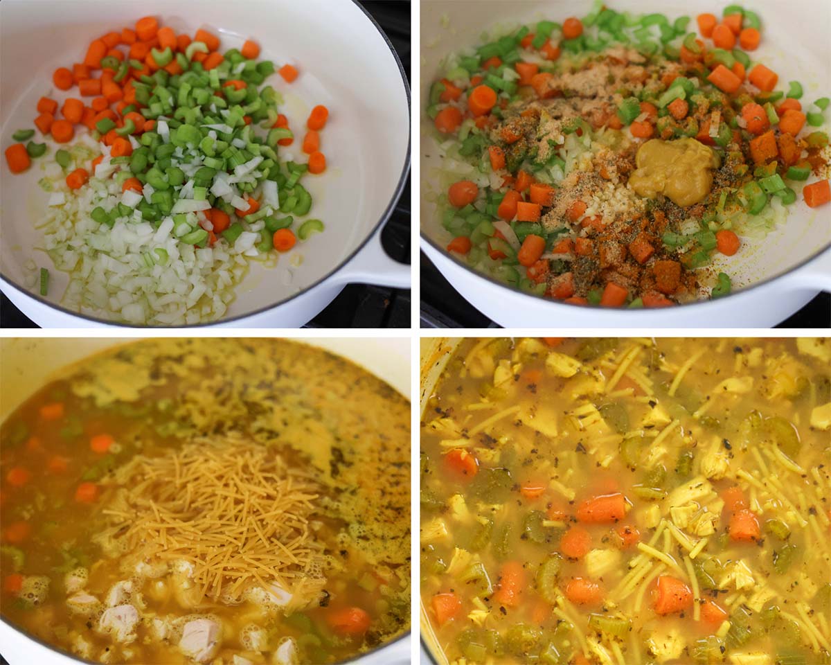 four photo collage showing how to make chicken noodle soup. 