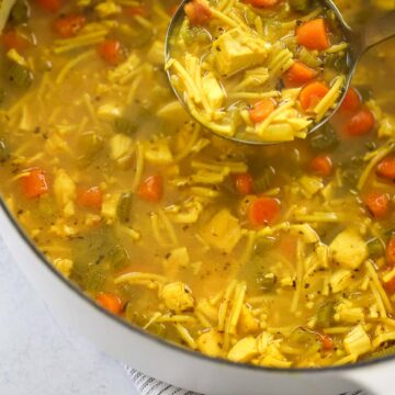 chicken noodle soup in a dutch oven with a ladle.