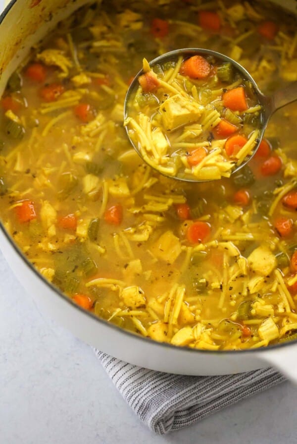 chicken noodle soup in a dutch oven with a ladle.