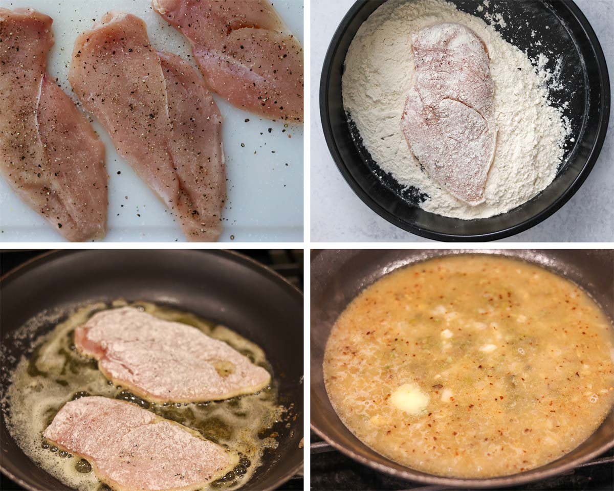 four photo collage showing how to make chicken piccata. 
