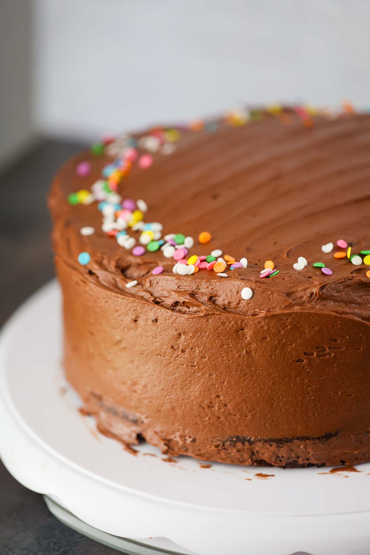 An entire frosted chocolate cake with rainbow sprinkles. 