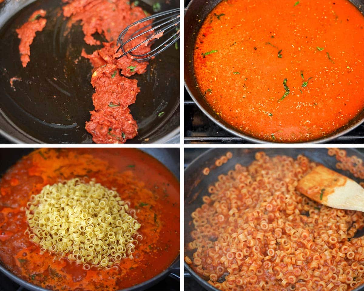 four photo collage showing how to make spaghettios. 