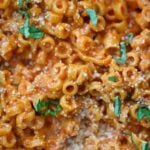 creamy spaghettios with parmesan cheese and basil on top.