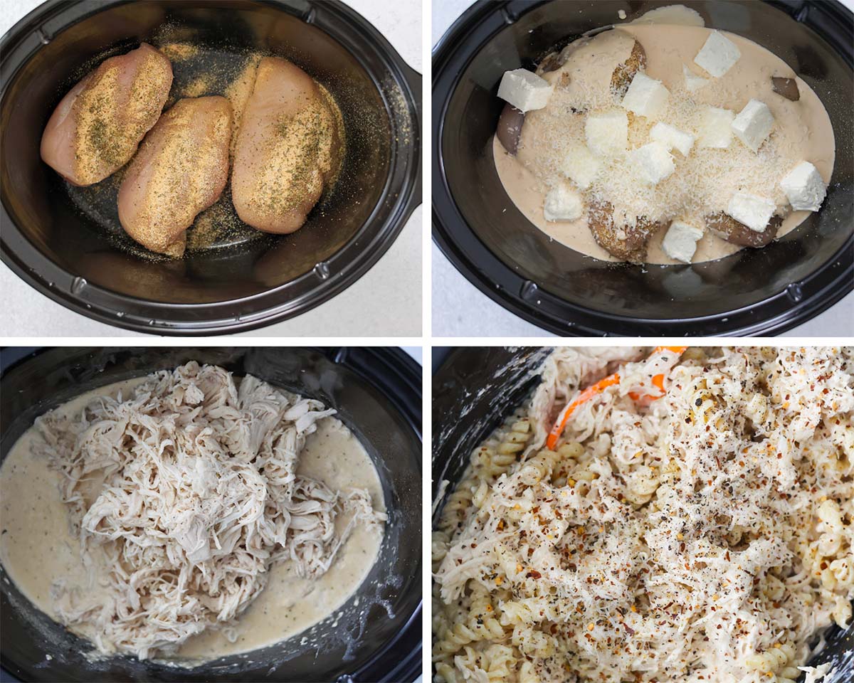 four photo collage showing how to make crockpot creamy chicken pasta. 