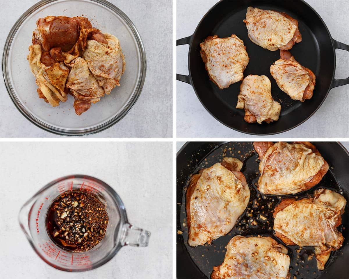 Four photo collage showing how to make honey garlic chicken thighs step by step. 