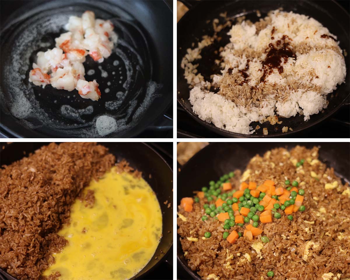 four photo collage showing how to make lobster fried rice. 