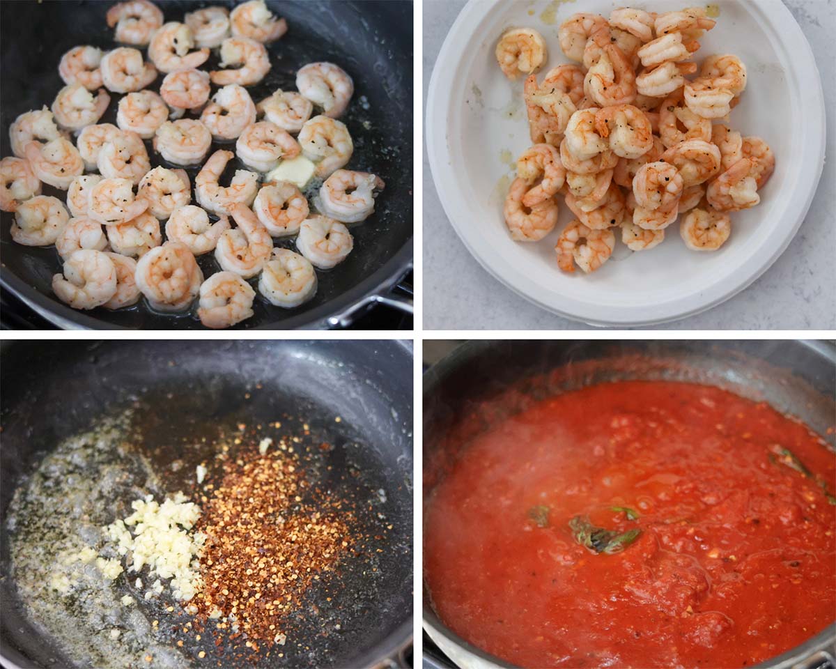 four photo collage showing how to make shrimp arrabbiata. 