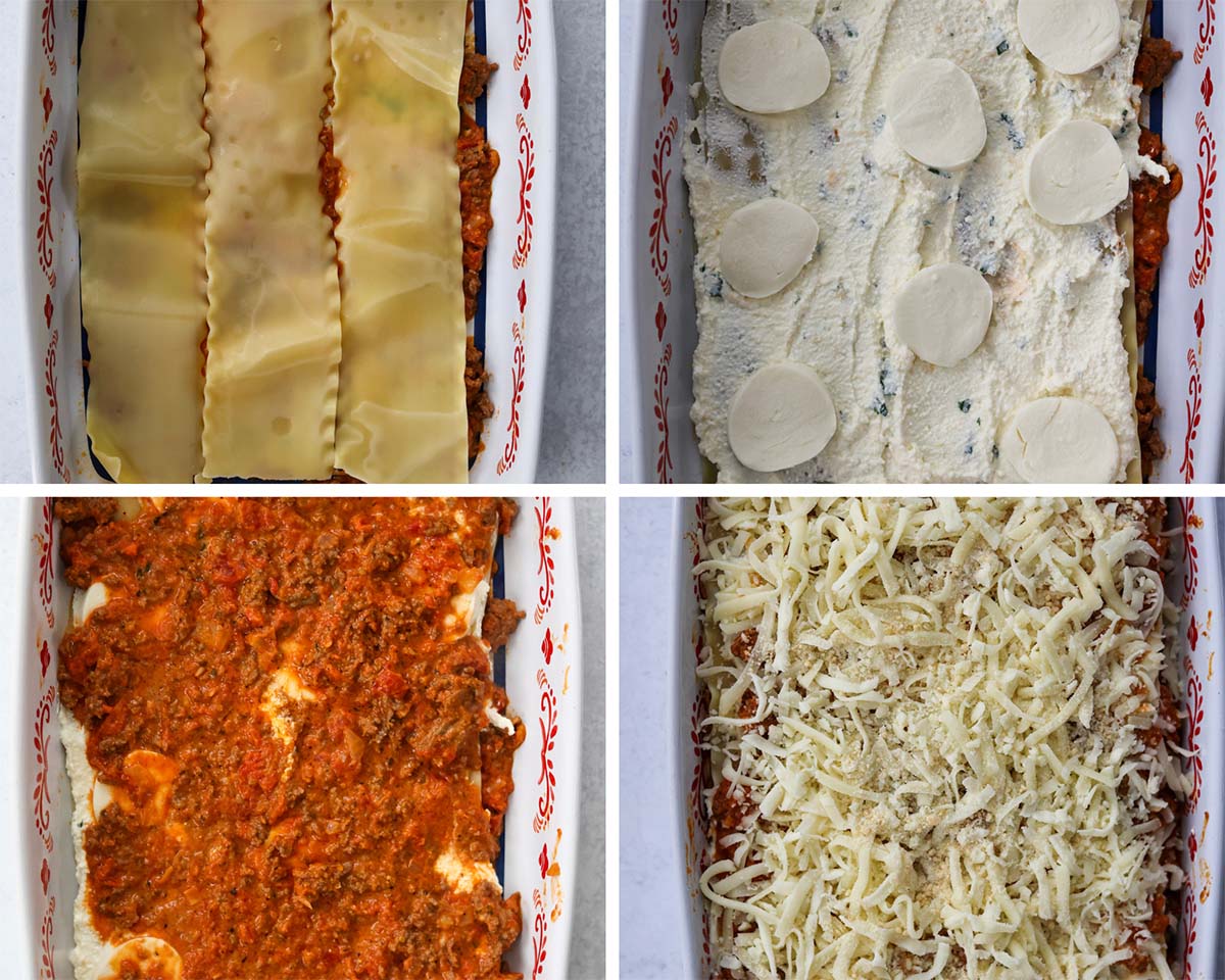 four photo collage showing how to make lasagna alla vodka. 