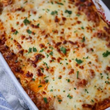 lasagna alla vodka in a 9x13 baking dish.