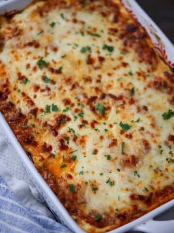 lasagna alla vodka in a 9x13 baking dish.