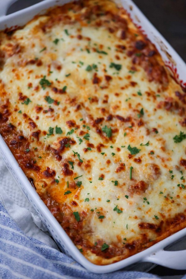 lasagna alla vodka in a 9x13 baking dish.