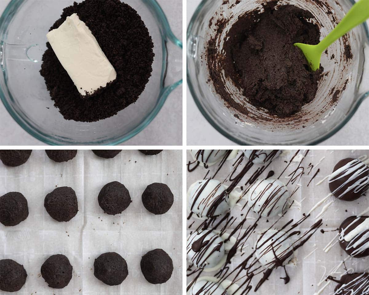 Four photo collage showing how to make oreo balls. 