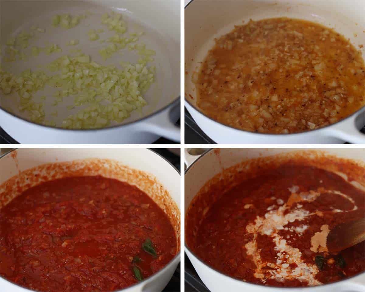 four photo collage showing how to make vodka sauce, step-by-step. 