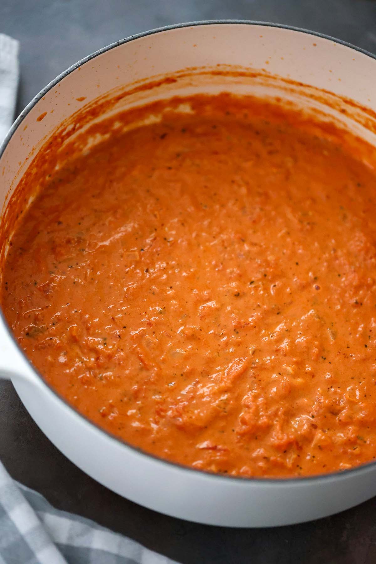 vodka sauce in a large white pot. 