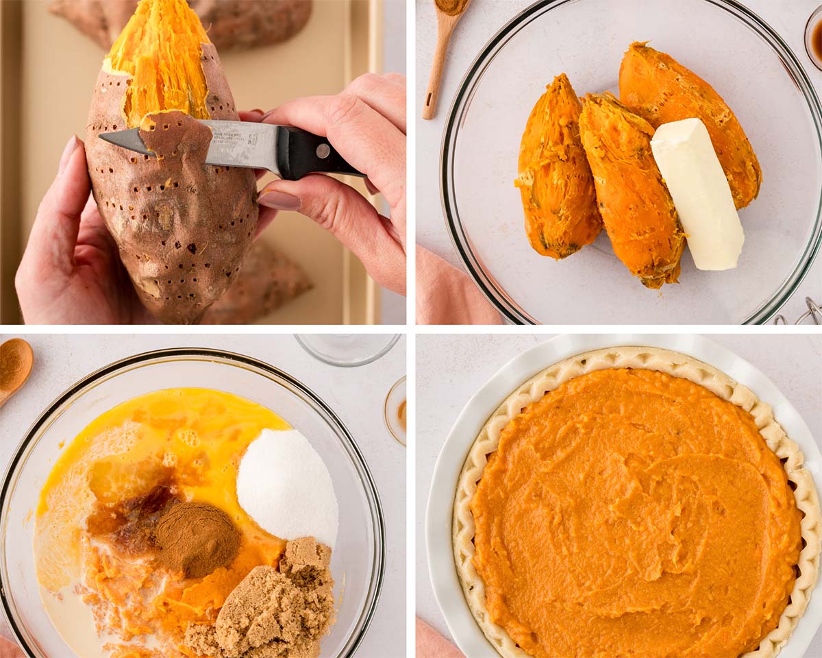 four photo collage showing how to make Southern sweet potato pie. 