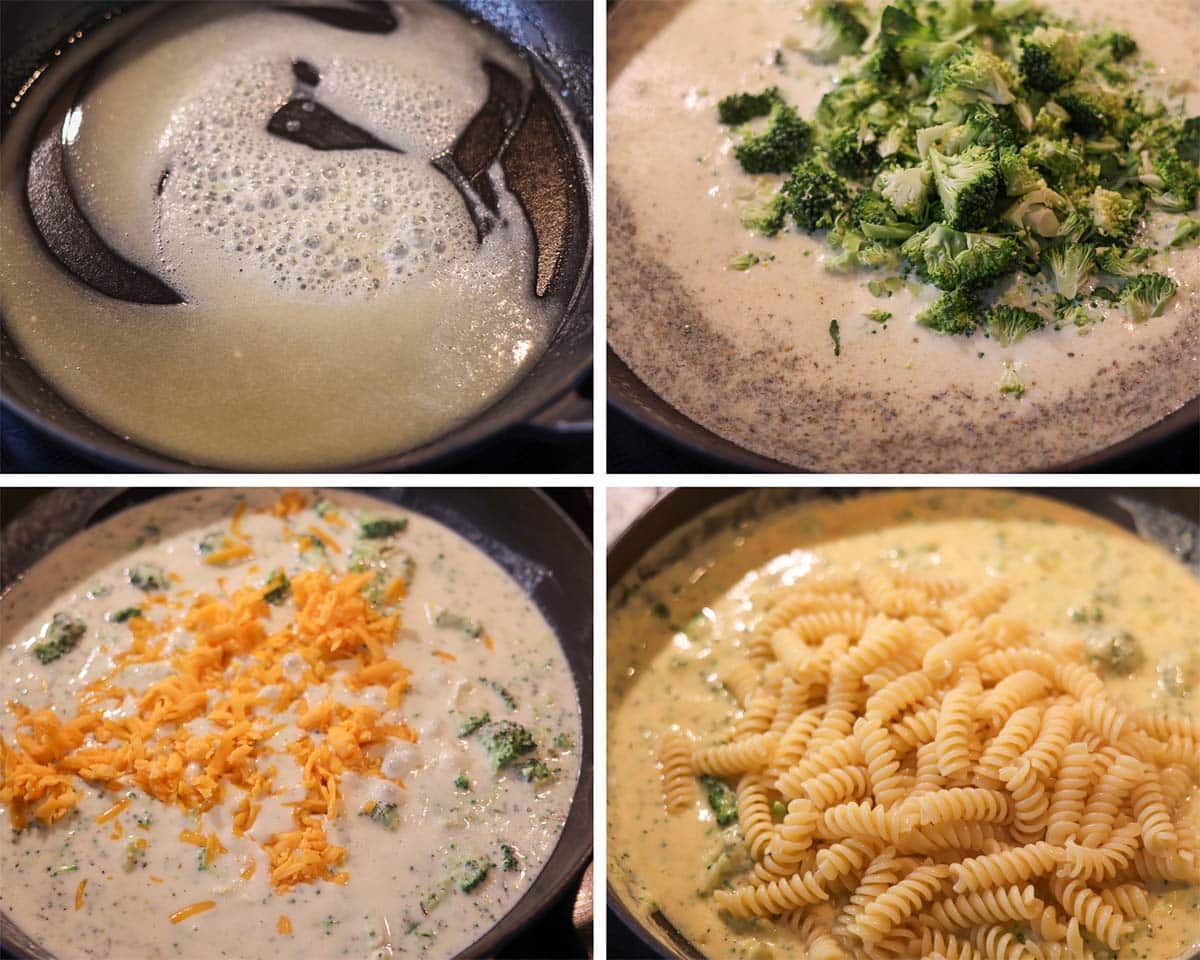 four photo collage showing how to make broccoli cheddar pasta. 