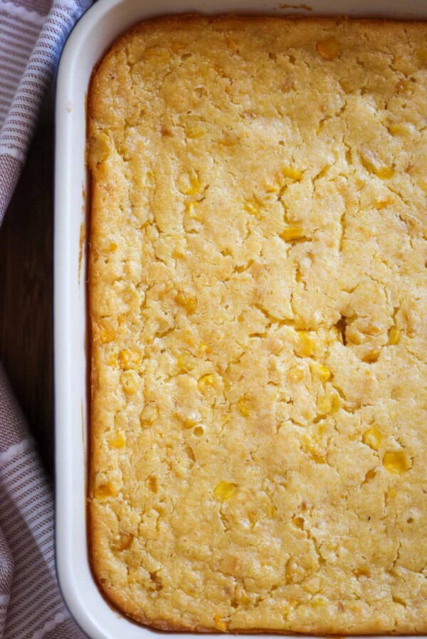 creamed corn souffle in an 8x10 baking dish.