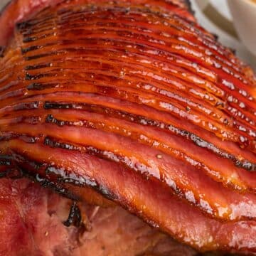 apple cider glazed ham up close.