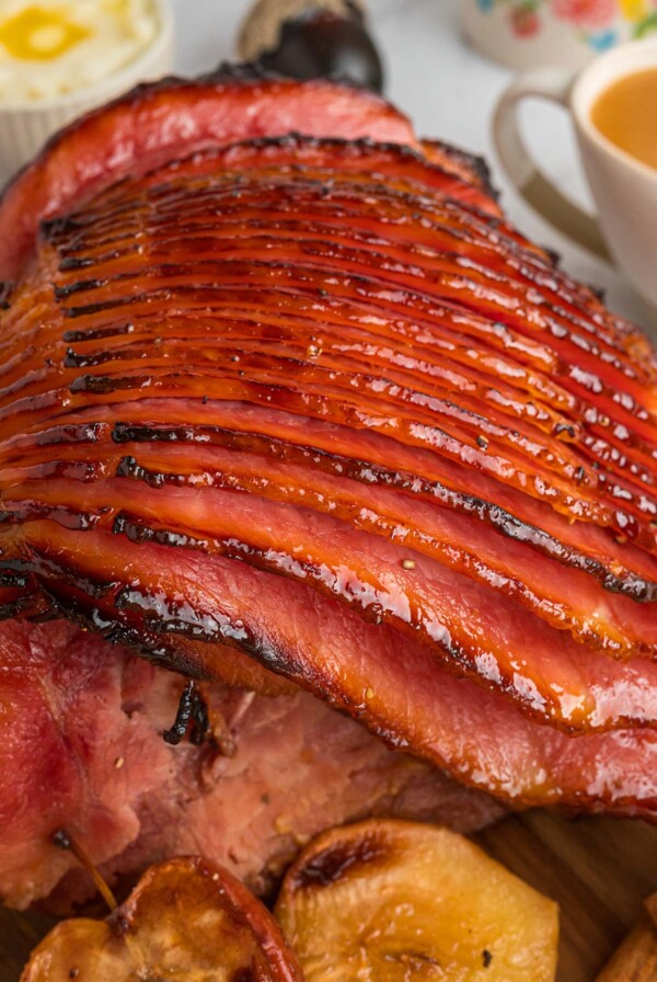 apple cider glazed ham up close.