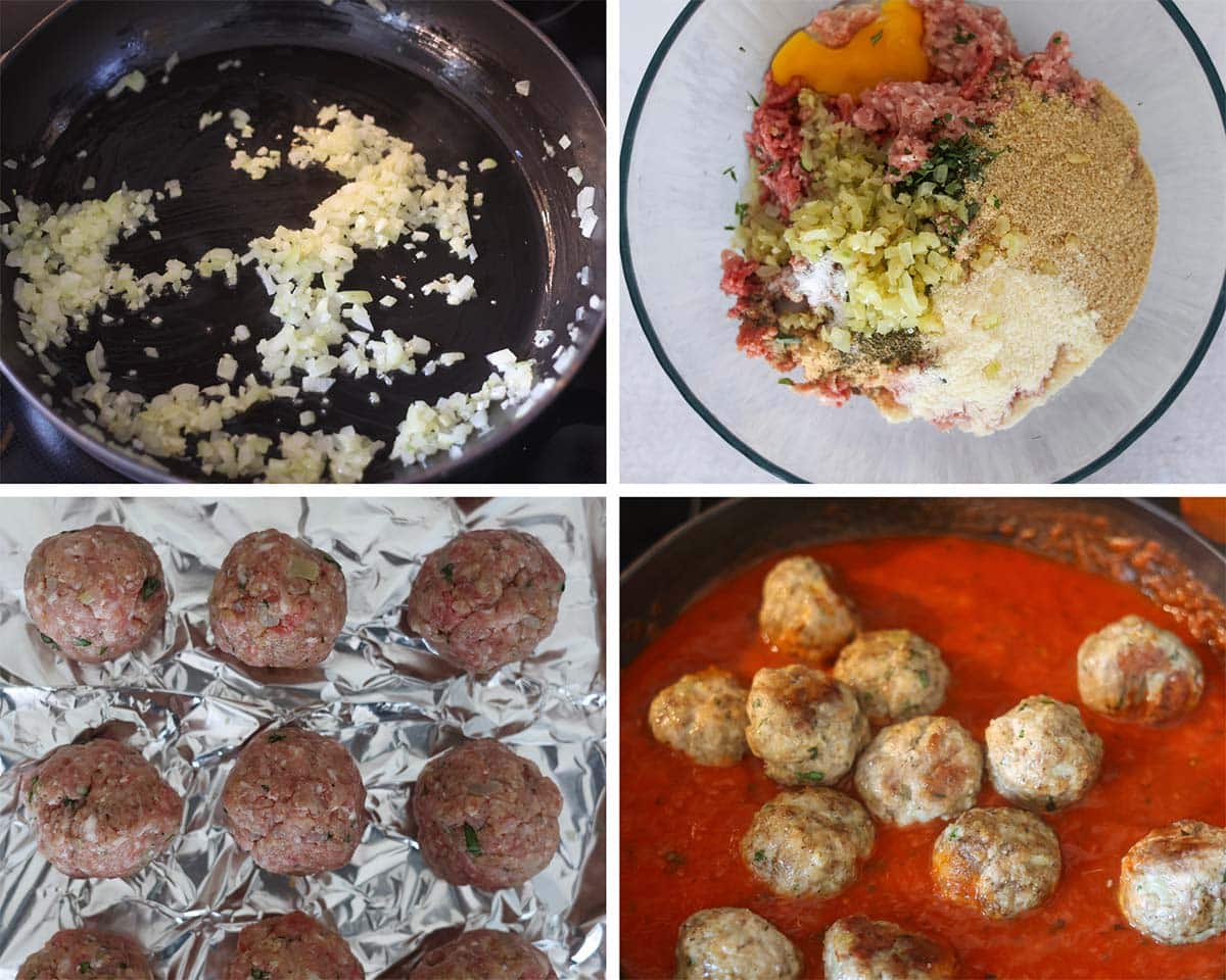 four photo collage showing how to make baked meatballs.