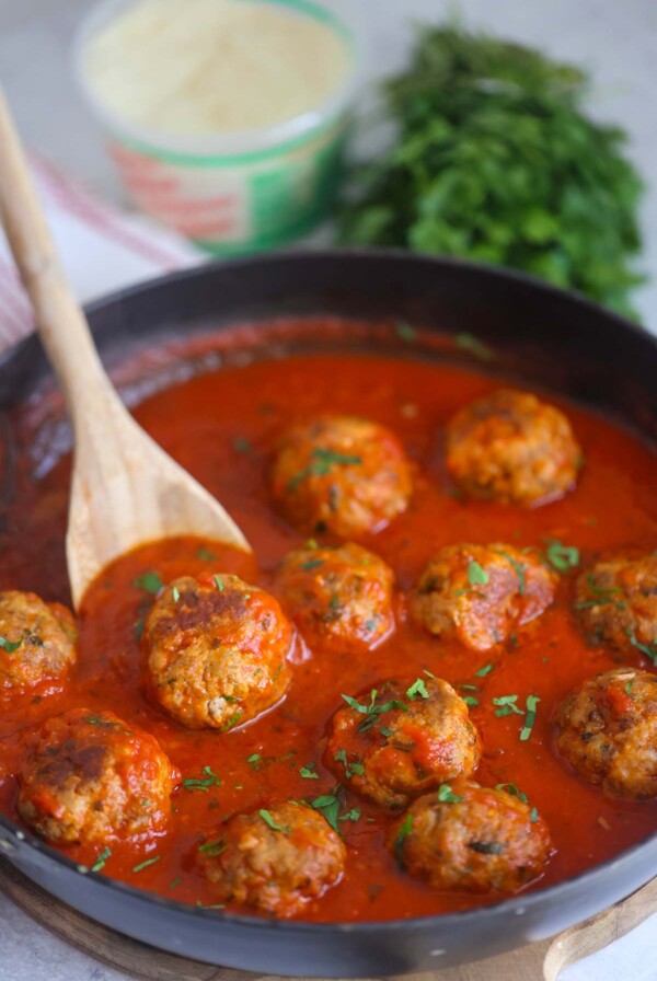 baked meatballs in marinara sauce.