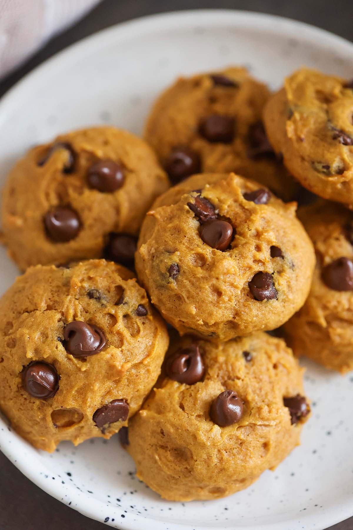 pumpkin chocolate chip cookies on a plate. 
