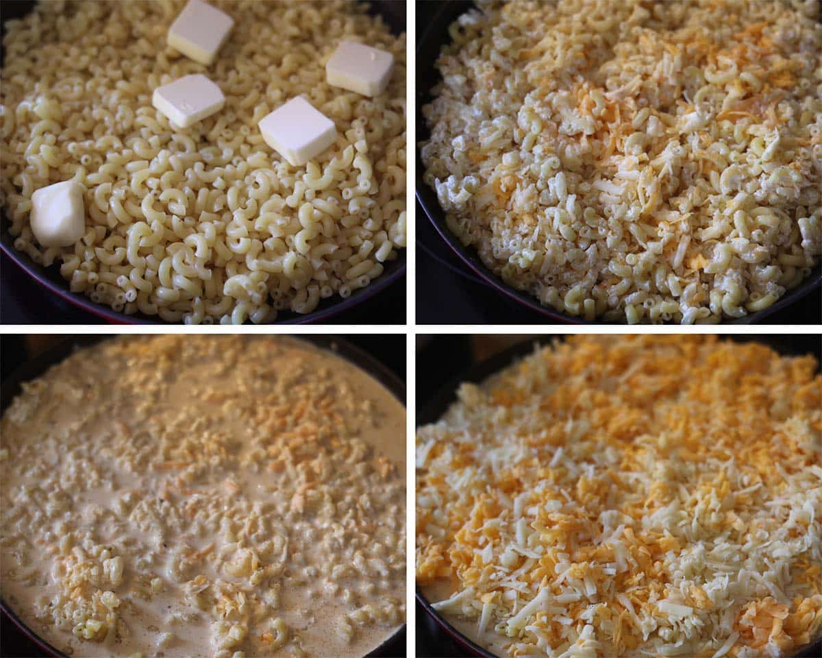 four photo collage showing how to make Southern mac and cheese. 