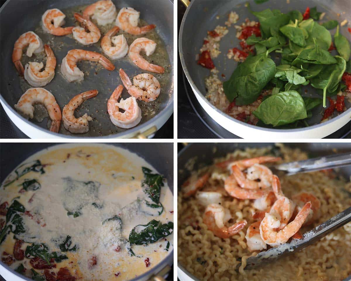 Four photo collage showing how to make tuscan shrimp pasta step by step. 